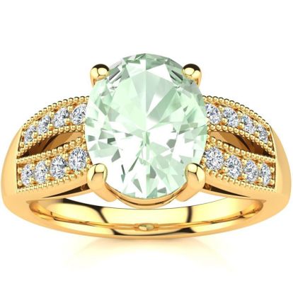 1 3/4 Carat Oval Shape Green Amethyst and Diamond Ring In 14 Karat Yellow Gold