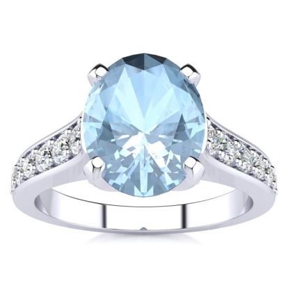 Aquamarine Ring: Aquamarine Jewelry: 2 Carat Oval Shape Aquamarine and Diamond Ring In 14 Karat White Gold