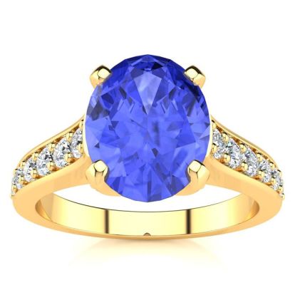 2 1/4 Carat Oval Shape Tanzanite and Diamond Ring In 14 Karat Yellow Gold
