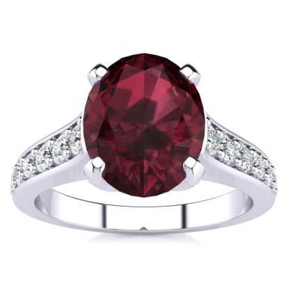 Garnet Ring: Garnet Jewelry: 2 1/3 Carat Oval Shape Garnet and Diamond Ring In 14 Karat White Gold