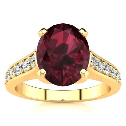 Garnet Ring: Garnet Jewelry: 2 1/3 Carat Oval Shape Garnet and Diamond Ring In 14 Karat Yellow Gold
