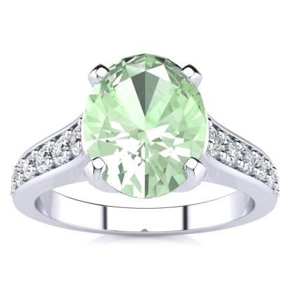 2 Carat Oval Shape Green Amethyst and Diamond Ring In 14 Karat White Gold