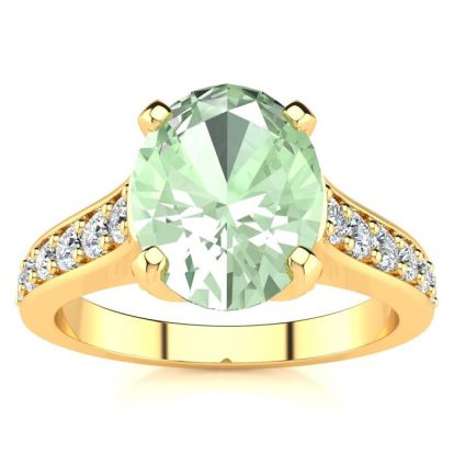 2 Carat Oval Shape Green Amethyst and Diamond Ring In 14 Karat Yellow Gold