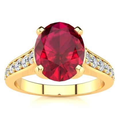 3 Carat Oval Shape Ruby and Diamond Ring In 14 Karat Yellow Gold
