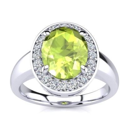 2 Carat Oval Shape Peridot and Halo Diamond Ring In 14 Karat White Gold