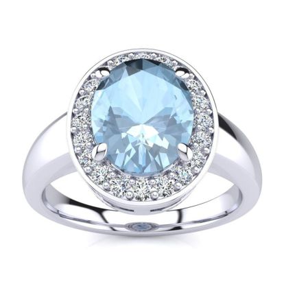Aquamarine Ring: Aquamarine Jewelry: 2 Carat Oval Shape Aquamarine and Halo Diamond Ring In 14 Karat White Gold