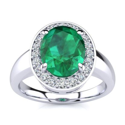 2 Carat Oval Shape Emerald and Halo Diamond Ring In 14 Karat White Gold