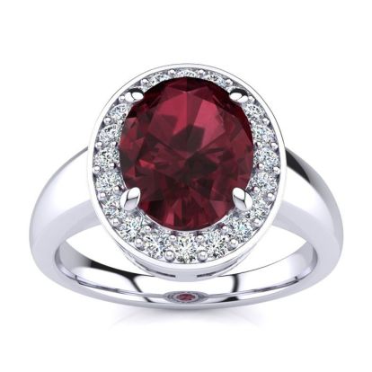 Garnet Ring: Garnet Jewelry: 2 1/5 Carat Oval Shape Garnet and Halo Diamond Ring In 14 Karat White Gold