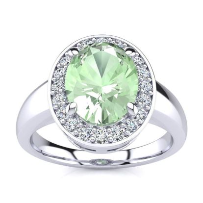 1 3/4 Carat Oval Shape Green Amethyst and Halo Diamond Ring In 14 Karat White Gold