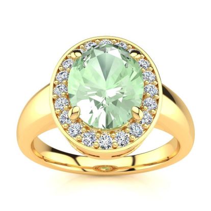 1 3/4 Carat Oval Shape Green Amethyst and Halo Diamond Ring In 14 Karat Yellow Gold