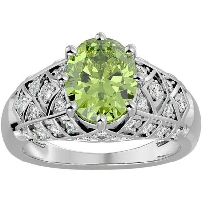 3 Carat Oval Shape Peridot and Diamond Ring In 10 Karat White Gold