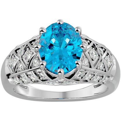 3 1/2 Carat Oval Shape Blue Topaz and Diamond Ring In 10 Karat White Gold