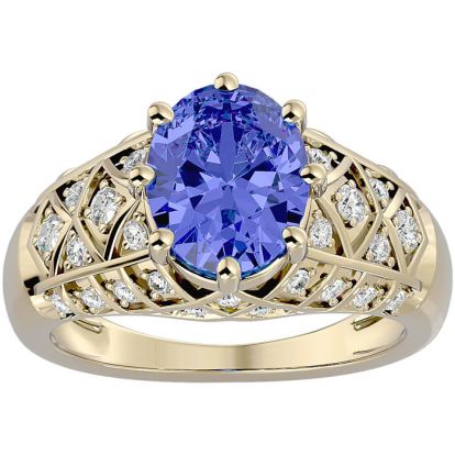 2 3/4 Carat Oval Shape Tanzanite and Diamond Ring In 10 Karat Yellow Gold