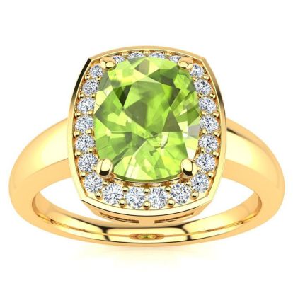 2 2/3 Carat Cushion Cut Peridot and Halo Diamond Ring In 14 Karat Yellow Gold