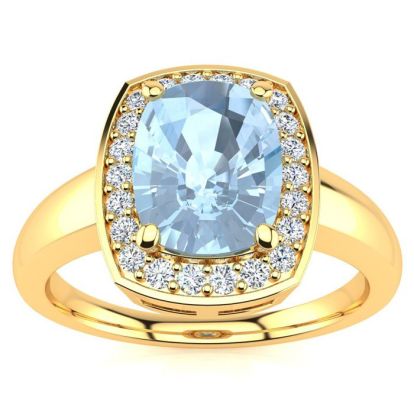 Aquamarine Ring: Aquamarine Jewelry: 2 1/3 Carat Cushion Cut Aquamarine and Halo Diamond Ring In 14 Karat Yellow Gold