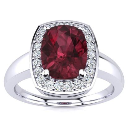 Garnet Ring: Garnet Jewelry: 3 Carat Cushion Cut Garnet and Halo Diamond Ring In 14 Karat White Gold