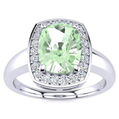 2 Carat Cushion Cut Green Amethyst and Halo Diamond Ring In 14 Karat White Gold