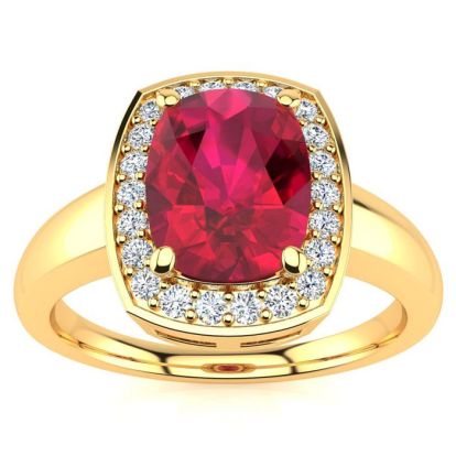 3 Carat Cushion Cut Ruby and Halo Diamond Ring In 14 Karat Yellow Gold