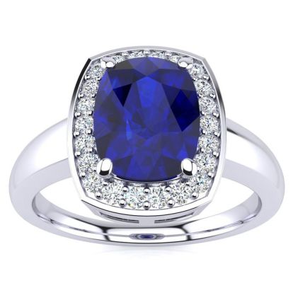 3 Carat Cushion Cut Sapphire and Halo Diamond Ring In 14 Karat White Gold