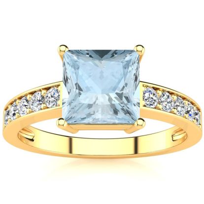Aquamarine Ring: Aquamarine Jewelry: Square Step Cut 1 3/4ct Aquamarine and Diamond Ring in 14K Yellow Gold
