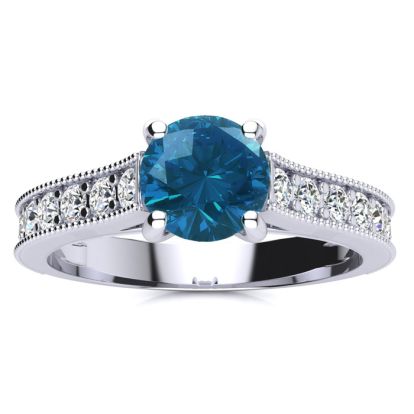 1 1/2 Carat Diamond Engagement Ring With 1 Carat Blue Diamond Center In 14K White Gold. Amazing Gorgeous Blue Diamond Ring!