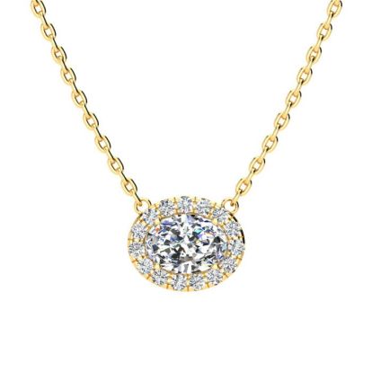 1/2 Carat Oval Shape Halo Diamond Necklace In 14K Yellow Gold