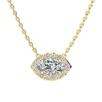 1/2 Carat Marquise Shape Halo Diamond Necklace In 14K Yellow Gold