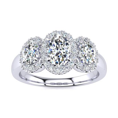 1 1/4 Carat Oval Shape Halo Diamond Three Stone Ring In 14K White Gold
