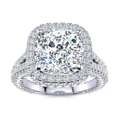 6 Carat Cushion Cut Halo Diamond Engagement Ring In 14K White Gold, G-H Color, VS Clarity Version