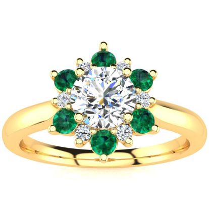 1 1/2 Carat Round Shape Flower Halo Emerald and Diamond Engagement Ring In 14K Yellow Gold