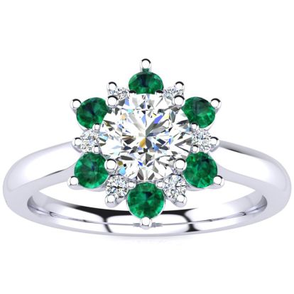 1 1/2 Carat Round Shape Flower Halo Emerald and Diamond Engagement Ring In 14K White Gold