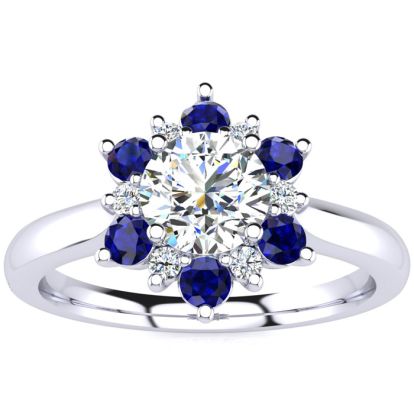 1 1/2 Carat Round Shape Flower Halo Sapphire and Diamond Engagement Ring In 14K White Gold