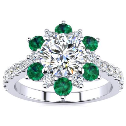 2 Carat Round Shape Flower Halo Emerald and Diamond Engagement Ring In 14K White Gold