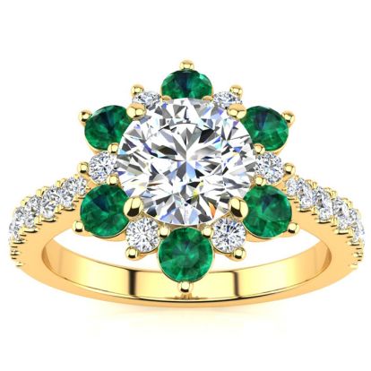 2 Carat Round Shape Flower Halo Emerald and Diamond Engagement Ring In 14K Yellow Gold