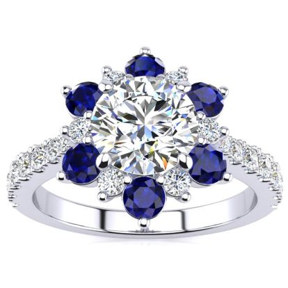 2 Carat Round Shape Flower Halo Sapphire and Diamond Engagement Ring In 14K White Gold