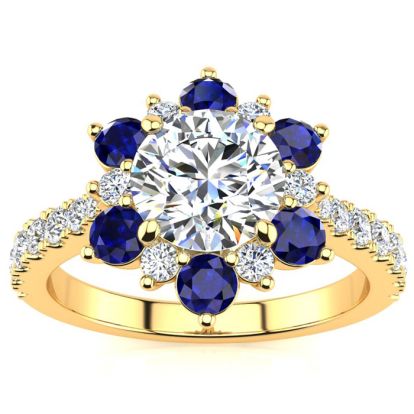 2 Carat Round Shape Flower Halo Sapphire and Diamond Engagement Ring In 14K Yellow Gold