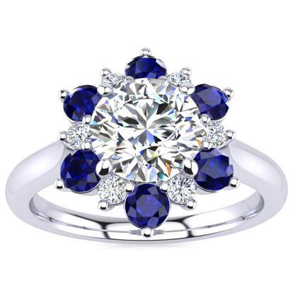 3/4 Carat Round Shape Flower Halo Sapphire and Diamond Engagement Ring In 14K White Gold