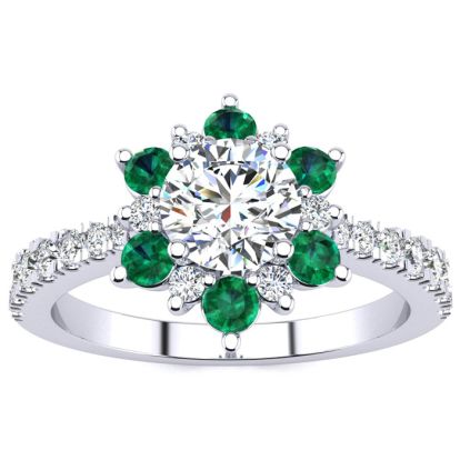 1 Carat Round Shape Flower Halo Emerald and Diamond Engagement Ring In 14K White Gold