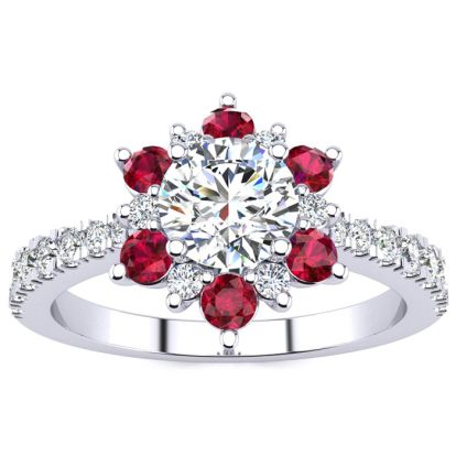 1 Carat Round Shape Flower Halo Ruby and Diamond Engagement Ring In 14K White Gold
