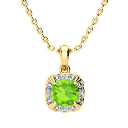 2 1/2ct Cushion Cut Peridot and Diamond Necklace In 10K Yellow Gold