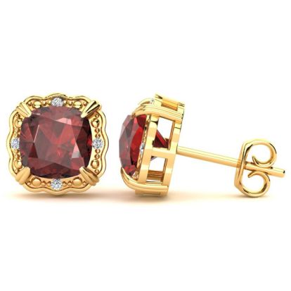 Garnet Earrings: Garnet Jewelry: 2ct Cushion Cut Garnet and Diamond Earrings in 10k Yellow Gold