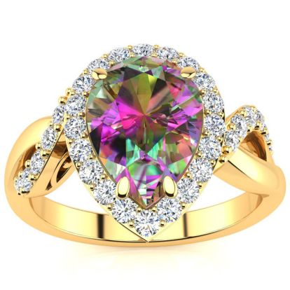 2-1/2ct Pear Shape Mystic Topaz Ring With Diamond Halo In 14 Karat Yellow Gold