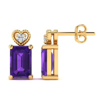 1ct Octagon Shape Amethyst and Diamond Earrings in 10k Yellow Gold