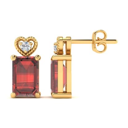 Garnet Earrings: Garnet Jewelry: 1ct Octagon Shape Garnet and Diamond Earrings in 10k Yellow Gold