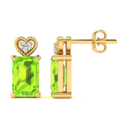 1ct Octagon Shape Peridot and Diamond Earrings in 10k Yellow Gold
