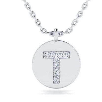 Letter T Diamond Initial Necklace In 14K White Gold With 10 Diamonds