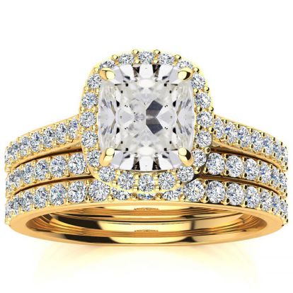 3 Carat Cushion Cut Halo Diamond Bridal Set in 14 Karat Yellow Gold