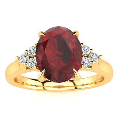 Garnet Ring: Garnet Jewelry: 2 Carat Oval Shape Garnet and Diamond Ring In 14K Yellow Gold