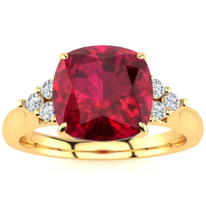 3 1/5 Carat Cushion Cut Ruby and Diamond Ring In 14K Yellow Gold