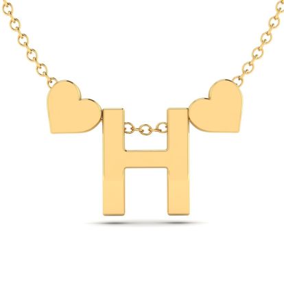 "H" Dainty Block Initial Necklace With Hearts In Gold Overlay, All Letters Available, Free 17 Inch Cable Chain